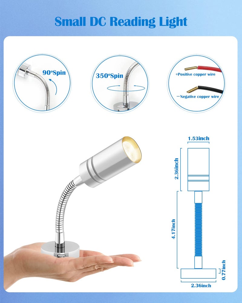 THALASSA 12V Short Gooseneck Light With 5V USB Port - Boat Reading Lamp Adjustable Warm White Spotlight with Dimmable Touch Switch Designed for RV, Caravans, Boats, Motor Homes Inside as Bedside Light - Image 4
